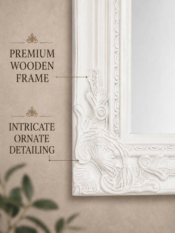 Downton Interiors Large Antique Style White Wood Frame Wall Mirror 90cm x 65cm