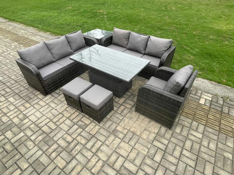 Fimous Rattan Garden Furniture Patio Set, Adjustable Height Dining Table Sofa, Reclining Chair, Side Table, 2 Small Footstools