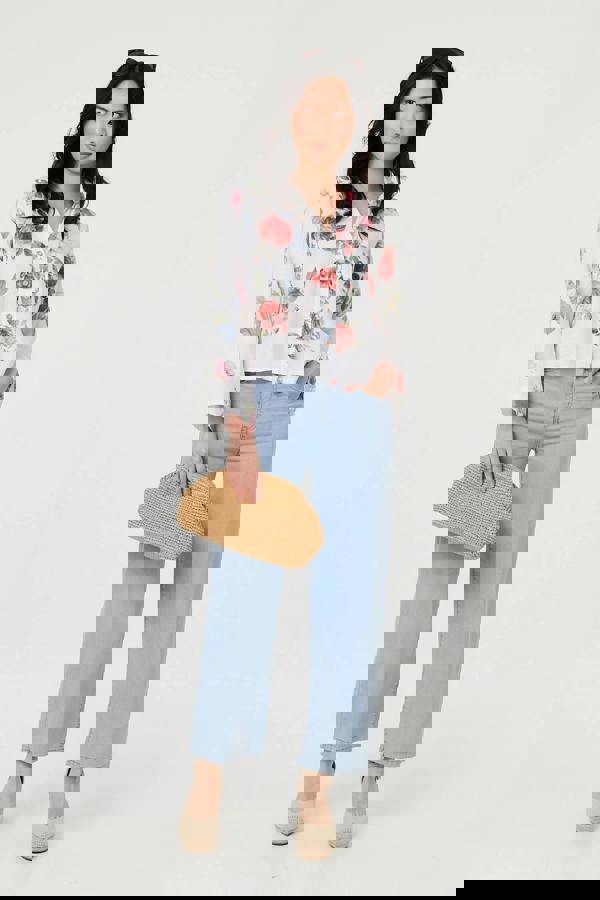 White | Floral 3/4 Turn-Up Sleeve Cropped Shirt