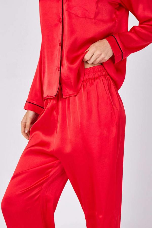 Elaina Fashion Red Long sleeve satin Pj set with pockets