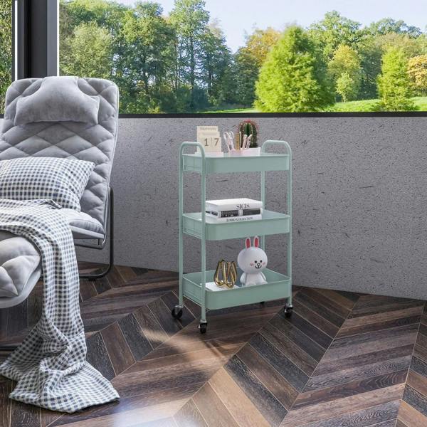 Light blue three-tier steel storage trolley with open shelves on caster wheels
