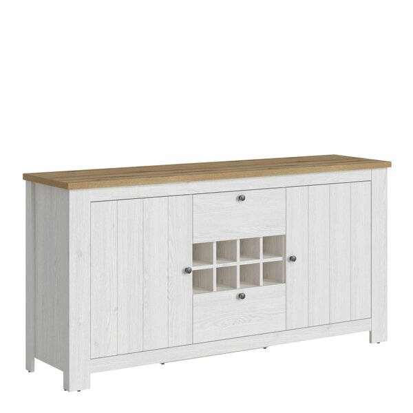 Wyld Haus Tipsyfern White and Natural Oak Wood 2 Door 2 Drawer Sideboard with Wine Rack
