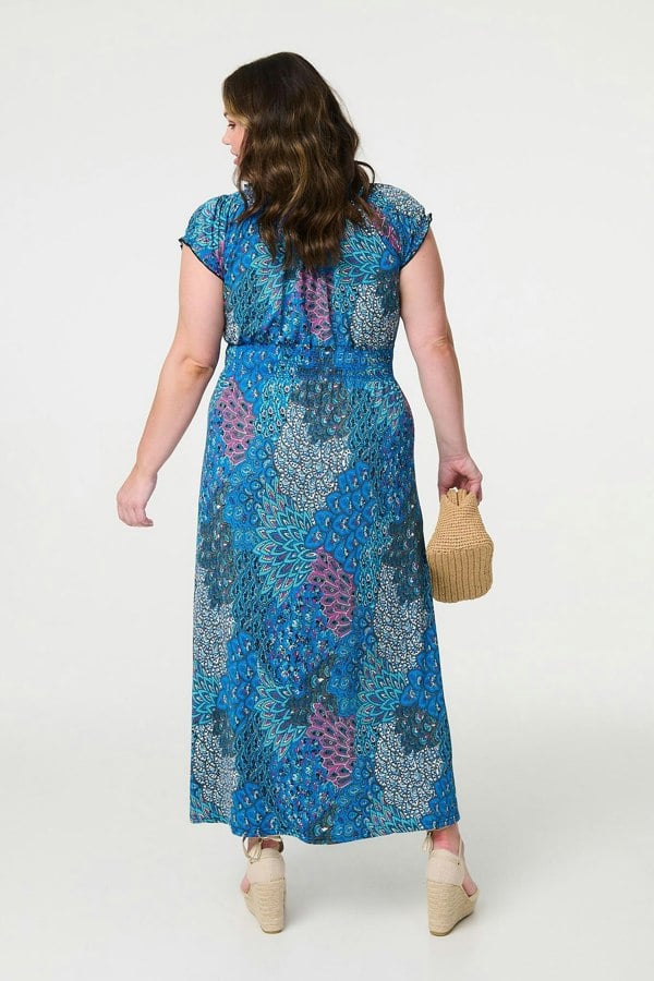 Blue | Peacock Print V-Neck Maxi Dress
