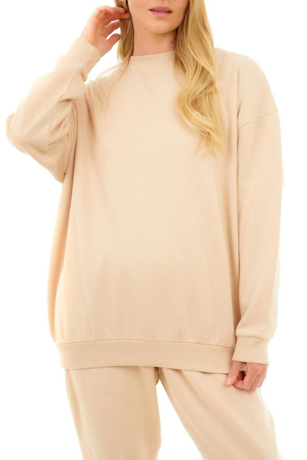 Smart Living Women's Oversized Sweatshirt Cozy Pullover Jumper Crewneck Top - Stone