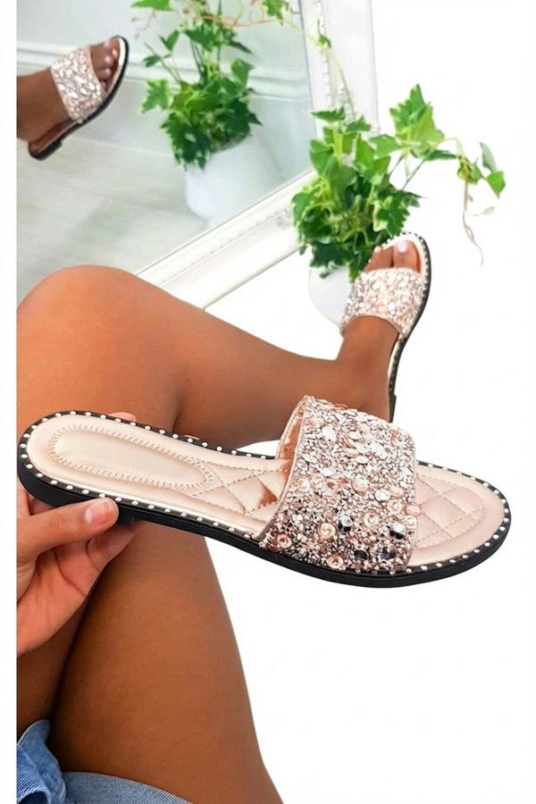 Sofie Embellished Slip On Sandals - Champagne_wb