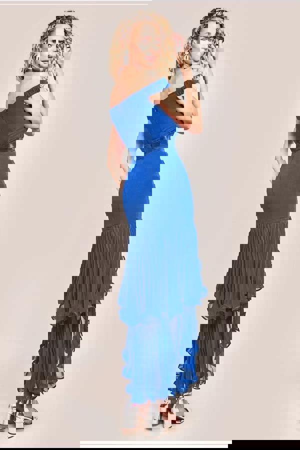 Pleated Bardot High Low Tier Chiffon Midaxi Dress - Royal Blue DR4272