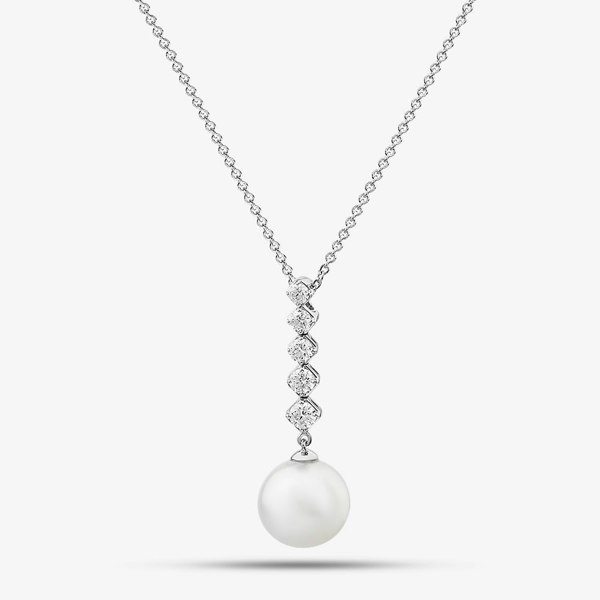 T. H. Baker 18ct White Gold Freshwater Pearl & Five Diamond Drop Necklace POX80126DD