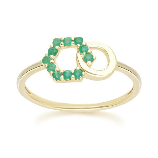 Gemondo Geometric Hexagon and Round Linked with Prong Set Emerald Ring in 9ct Yellow Gold