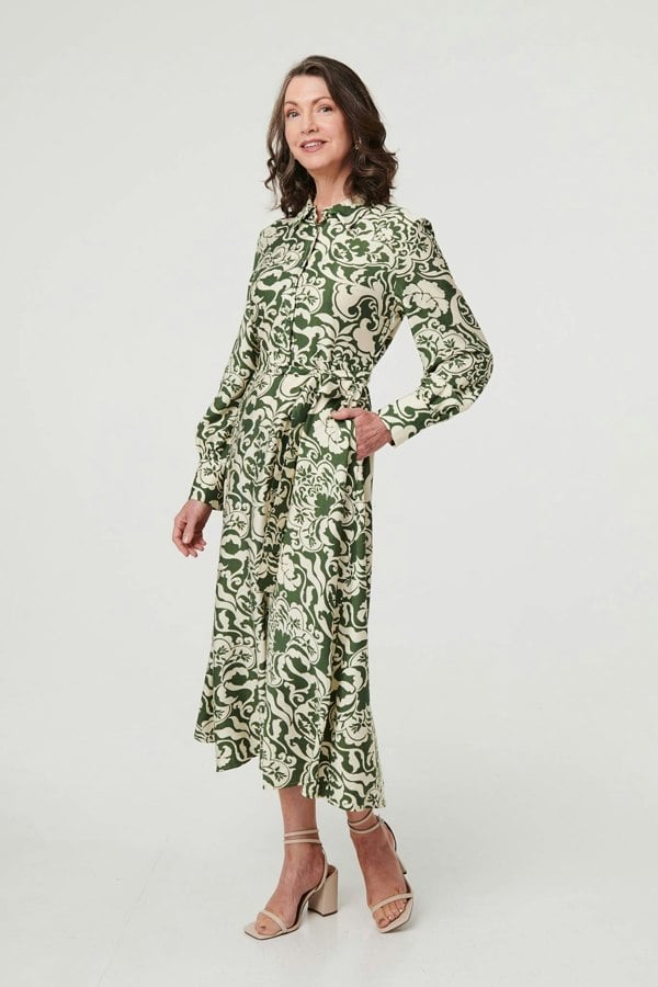 Green | Printed Long Sleeve Shirt Midi Dress

