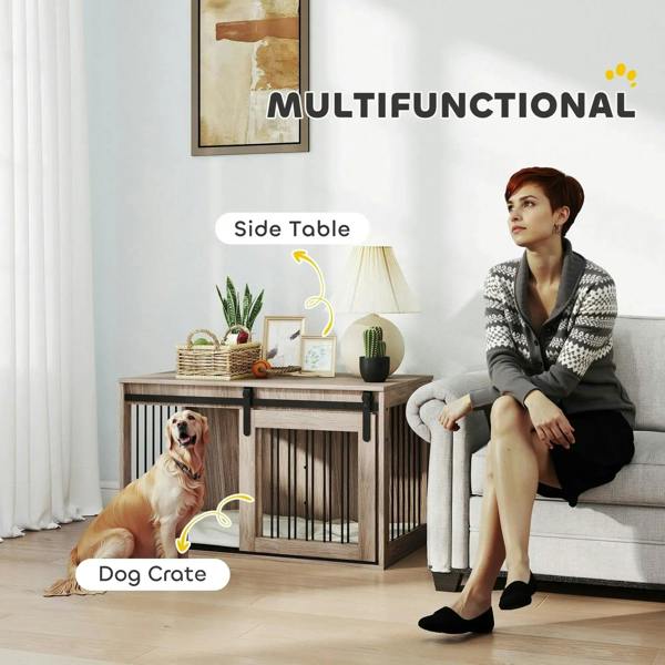 Brown dog crate with flat top surface and removable cushion inside the wooden frame