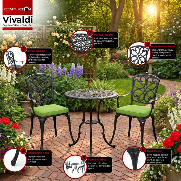 Centurion Supports VIVALDI Black 3-Piece Cast Aluminium Garden Bistro Set - with Green Cushions