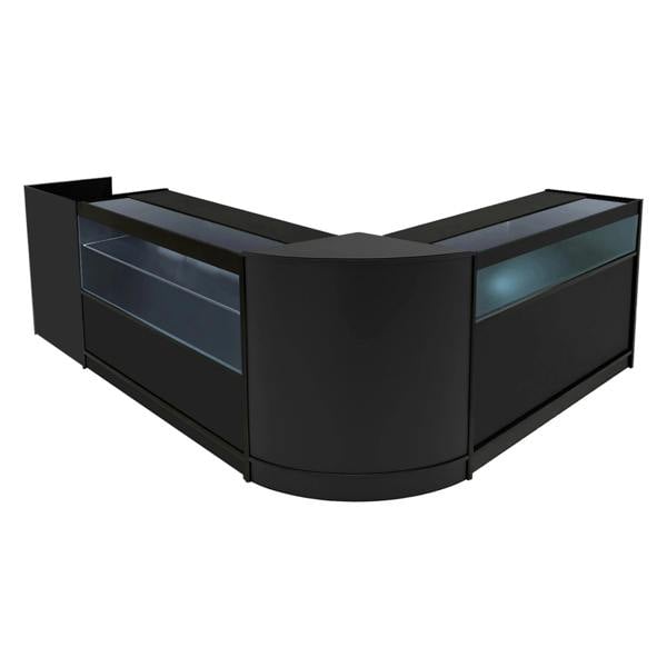 Gravity LED Shop Counter Set in sleek black, featuring curved and straight sections with glass display panels for visibility and style