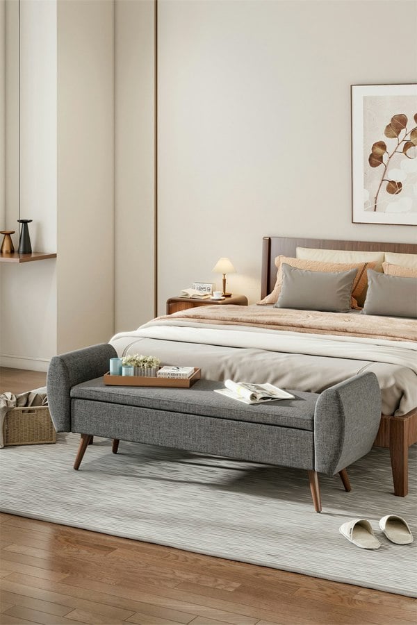 Living and Home 2-Seat Linen Upholstered Storage Bench with Side Arms and Walnut Colored Legs