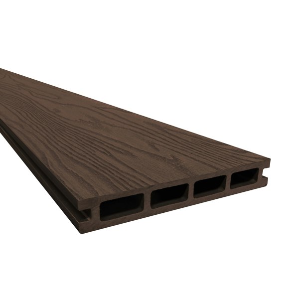 Brown composite decking board showcasing a wood-like texture, featuring a hollow design for lightweight durability and easy installation