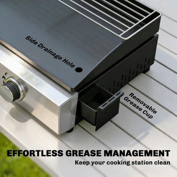Bobobiy 3 Burner Grill Griddle, Portable Gas Plancha with Warming Rack, 7.5 kW, Tabletop Gas BBQ with Grease Cup, Black