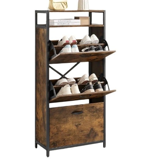 Modcraft Slim Rustic Brown & Black Shoe Cabinet with 3 Fold-Out Doors - Industrial Style