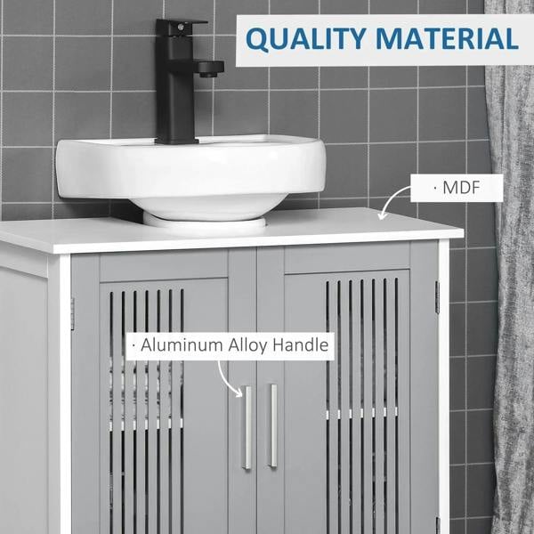 Grey cabinet front with slatted doors and aluminum alloy handle.