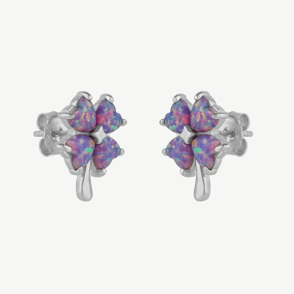 Spero London Pink Purple Opal Four Leaves Clover Sterling Silver Stud Earrings