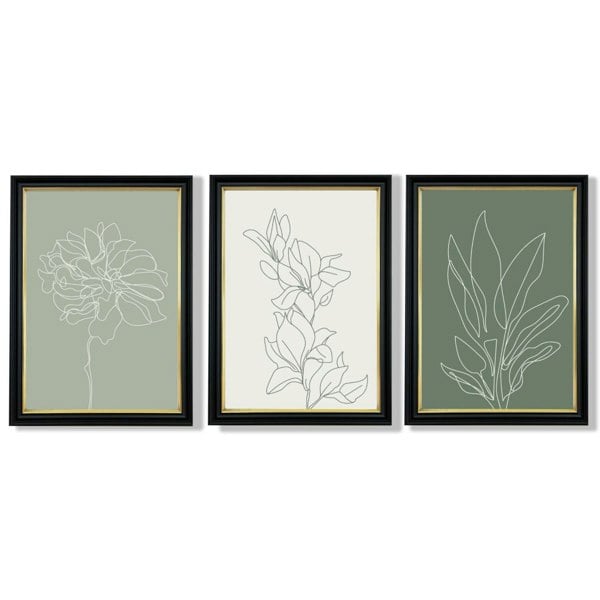 Set of 3 Sketch Flowers in Green Tones Framed Art Prints with Vermeer Black and Gold Frames