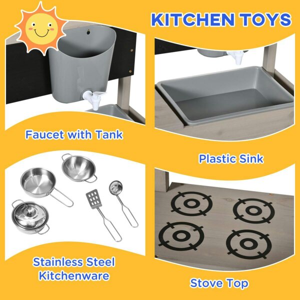 Dyzi Kids Wooden Sandbox with Adjustable Canopy Kitchen Playset and Seat