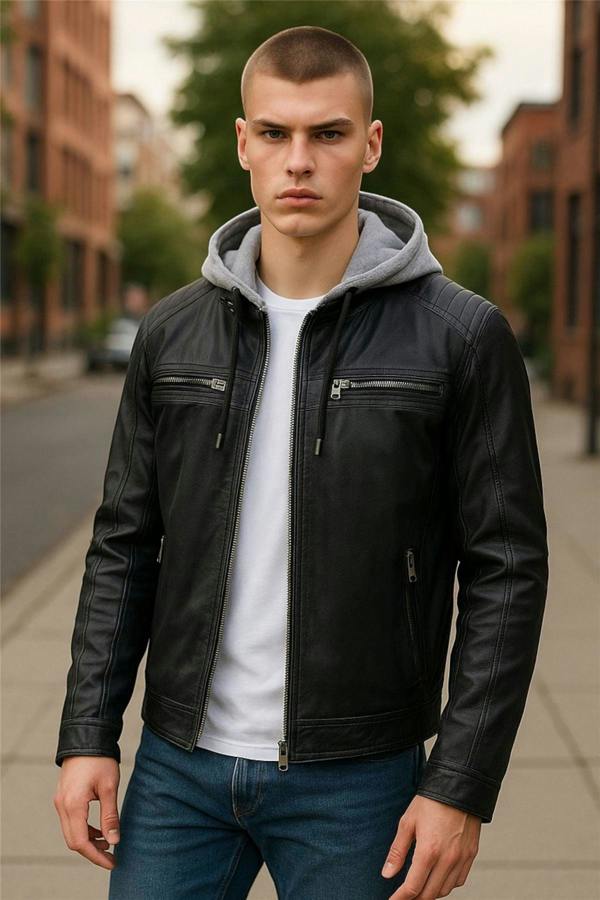 Infinity Leather Men's Hooded Biker Lamb Leather Jacket - Burten