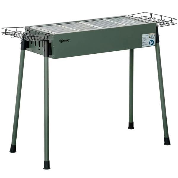 Green portable charcoal BBQ grill with cooking grate and wire shelf on legs