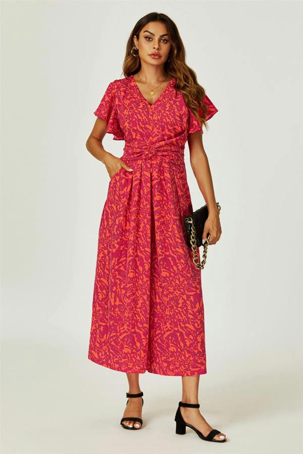 FS Collection Printed Wide Leg Twist Jumpsuit In Fuchsia