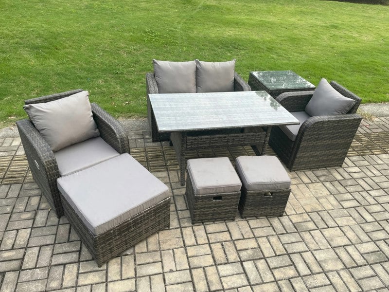 Fimous Rattan Outdoor Garden Furniture Set Rectangular Dining Table and Chair Sofa Set With Side Table 3 Footstools Dark Grey Mixed