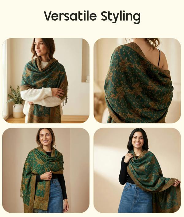 VIA MONTEN Women’s Paisley Pashmina Style Scarf, Oversized Jacquard Shawl Wrap with Fringe for Daily Styling