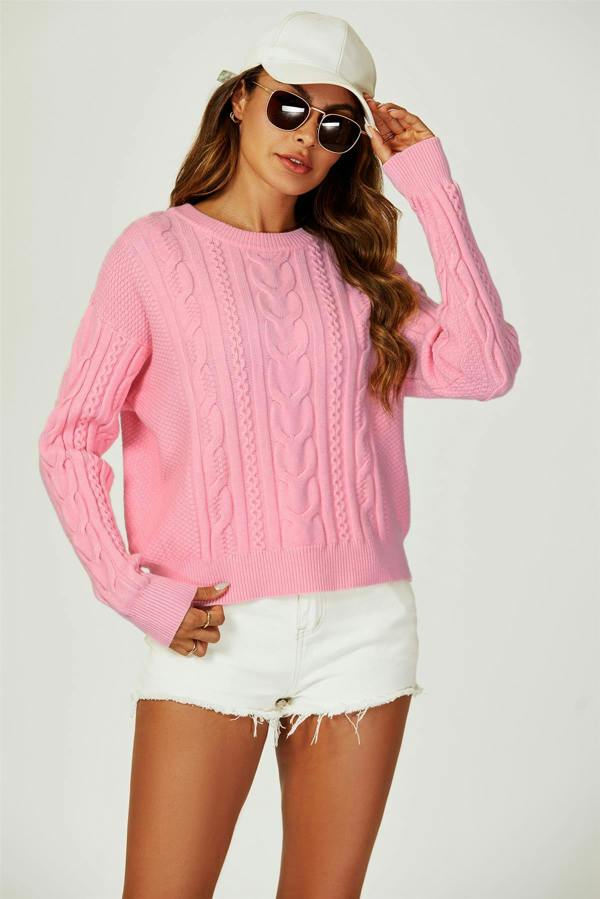 FS Collection Cable Knit Crew Neck Jumper In Pink