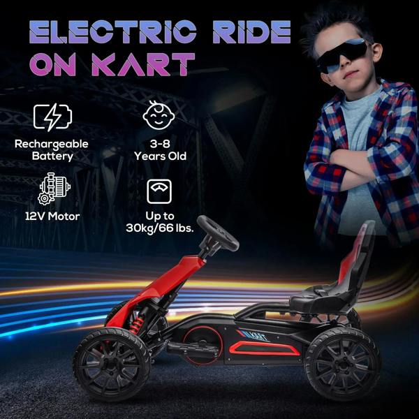 Red kids electric go-kart with black seat and handlebar, side profile view