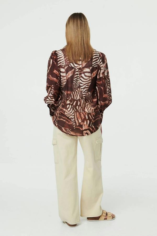 Brown | Animal Print Long Balloon Sleeve Shirt