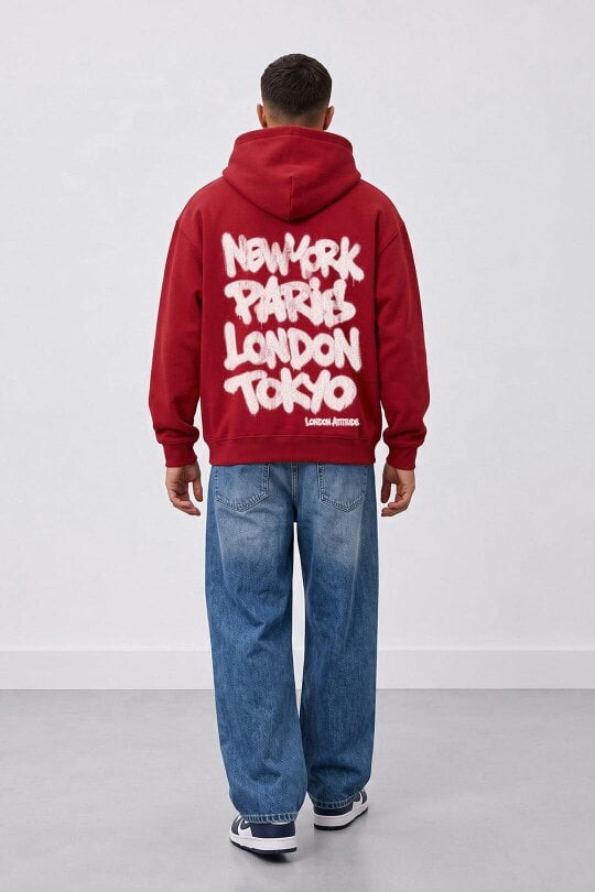 London Attitude Oversized Heavyweight City Graffiti Hoodie - Fiery Red