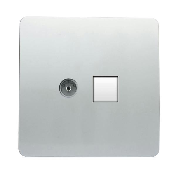 Trendi Switch 2 Gang TV Co-Axial & RJ45 Cat 6 Modern Designer PC Ethernet Sockets in Platinum Silver