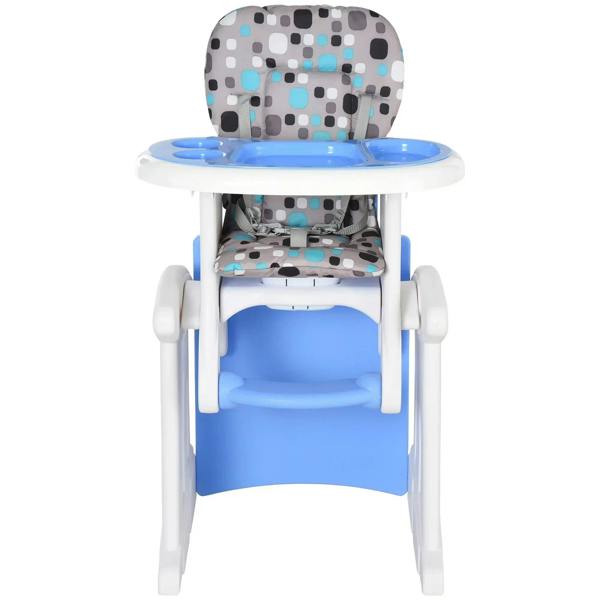 Blue convertible baby high chair with cushioned patterned backrest and front tray