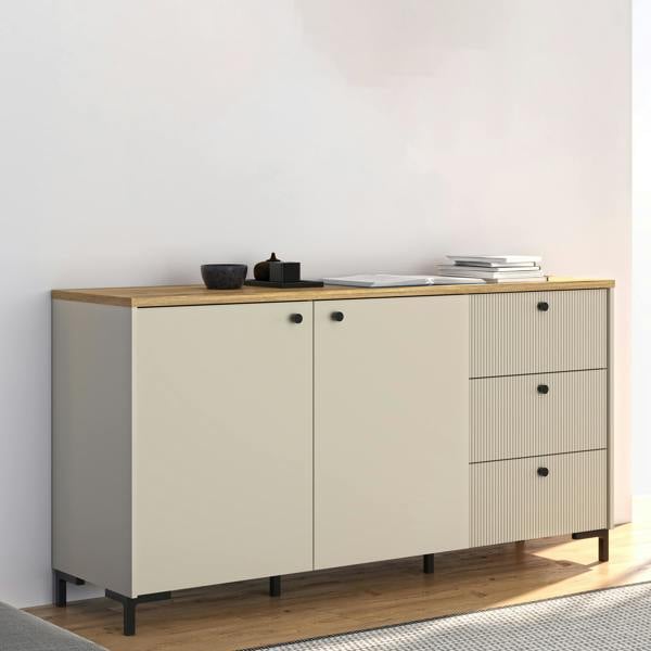 Furniture To Go Bixbite Wide Sideboard with Fluted Drawers & Cupboard in Mauvella Oak and Sand