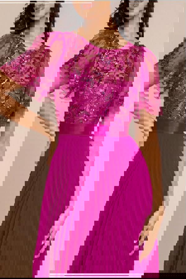 Embroidered Top Chiffon Pleated Midi - Magenta DR3802