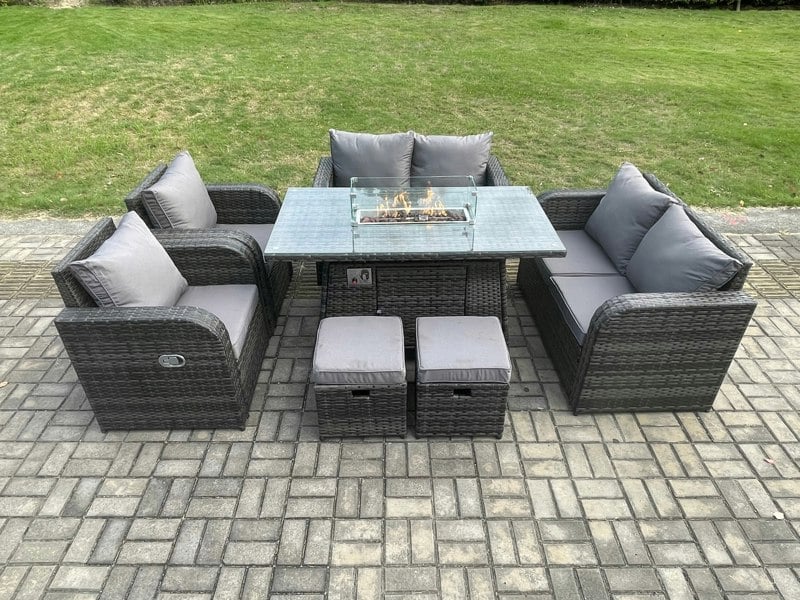 Fimous Rattan Outdoor Garden Furniture Sofa Set Gas Fire Pit Dining Table Gas Heater with Love Sofa 2 Small Footstool 8 Seater Dark Grey Mixed