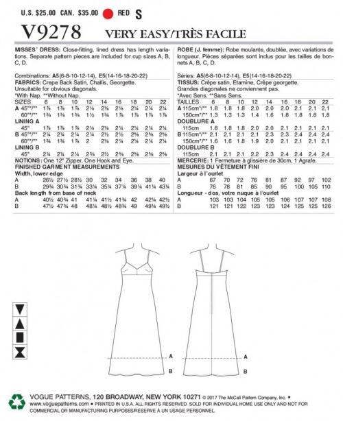 Vogue Sewing Pattern 9278, Dresses for Women, A5 (6-8-10-12-14) - Easy