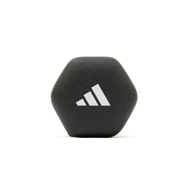 Black hexagonal weight with Adidas logo on a white background