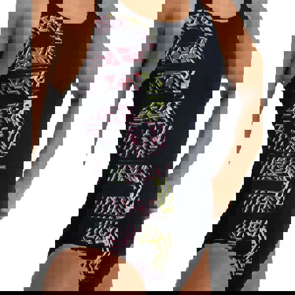 Black Arena Kikko Pro graphic swimsuit with colorful geometric pattern