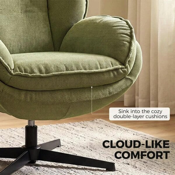 Armchair with Adjustable Footstool, 360-Degree Swivel Chenille Cloud Accent Chair with Thick Cushion, Steel Base, Green