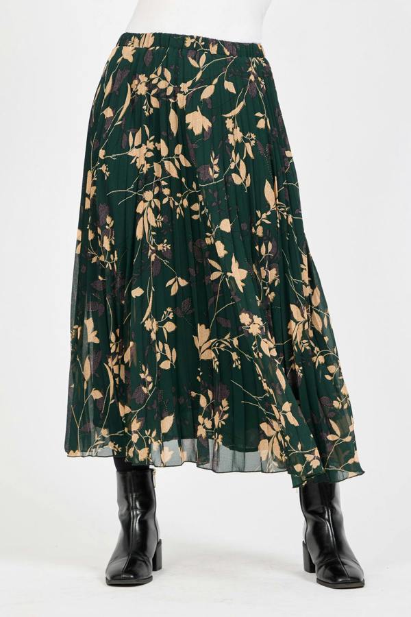 Mudflower Leaf Print Pleated Skirt
