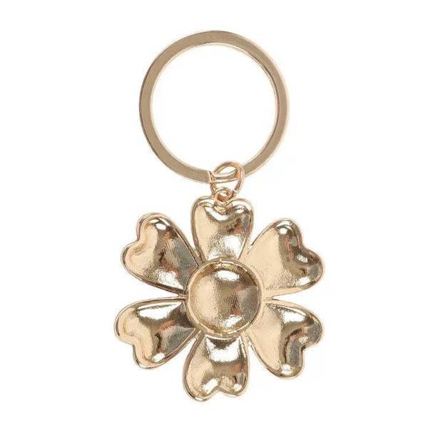 Gold flower keyring with yellow daisy pendant back, on metal ring