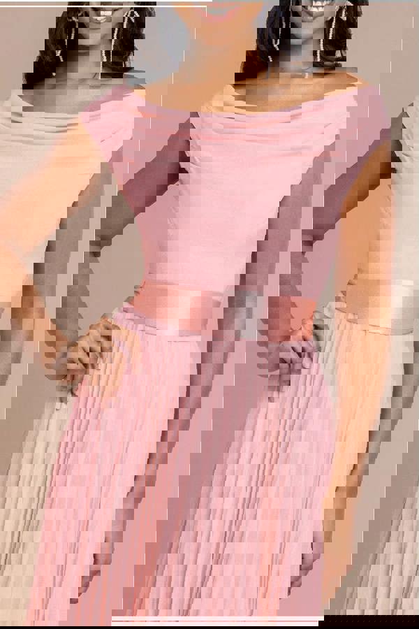 Cowl Neck Pleated A-Line Chiffon Midi Dress - Blush Pink DR4501