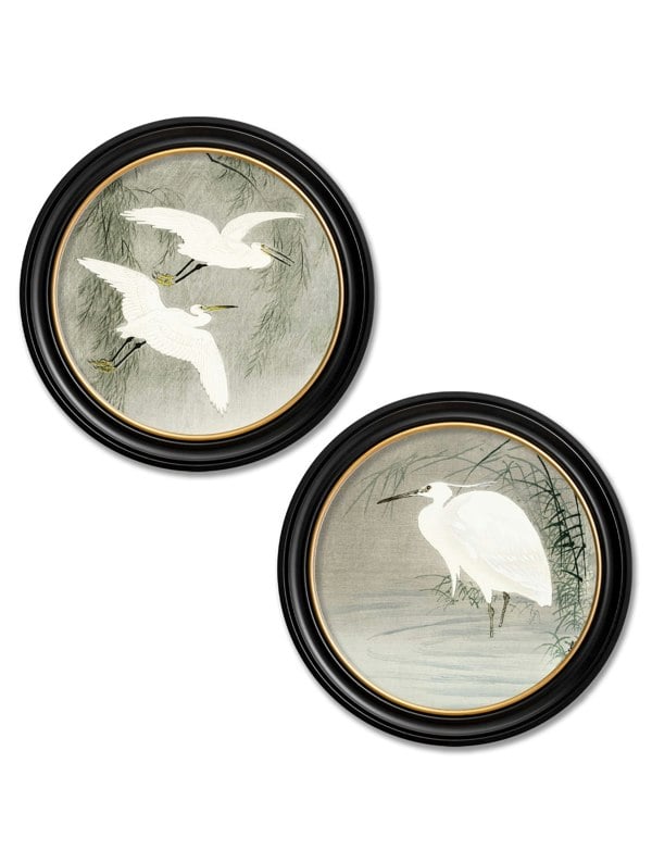 Exceptional Art c.1910 Little Egrets - Ohara Koson in Round Frames