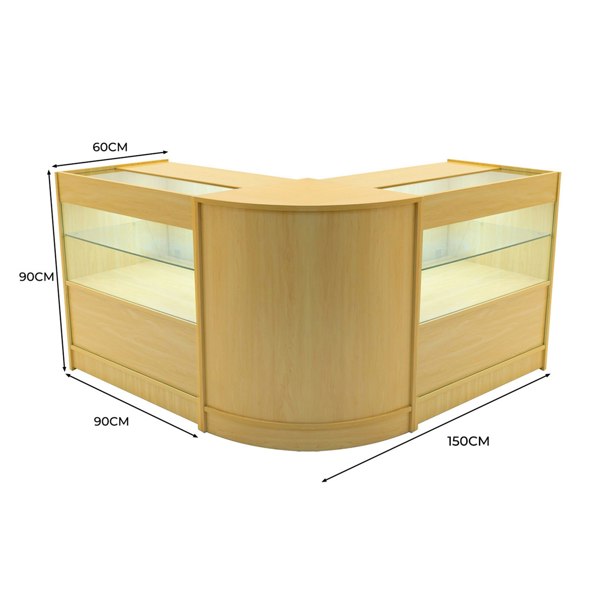 Curved maple LED shop counter set with glass display sections, measuring 60cm by 150cm, ideal for retail environments