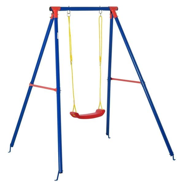 Blue kids A-frame swing set with red seat and yellow adjustable rope swings