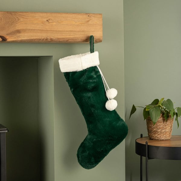 Samuel Alexander 60cm Green Christmas Stocking with White Cuff and Pom Poms