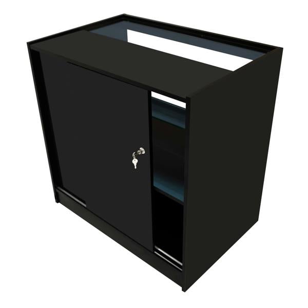 Eclipse LED shop counter set in sleek black, featuring a sliding door, glass top, and interior shelves for organized display